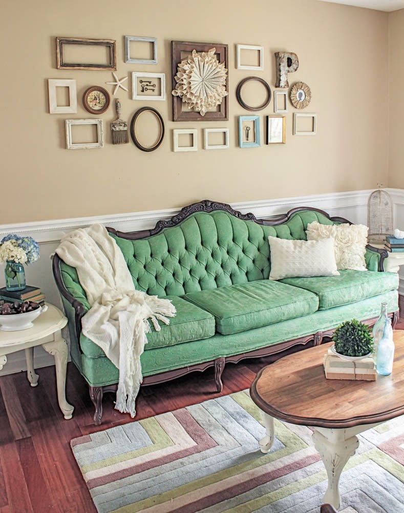 Shades of Blues Interiors - green painted sofa