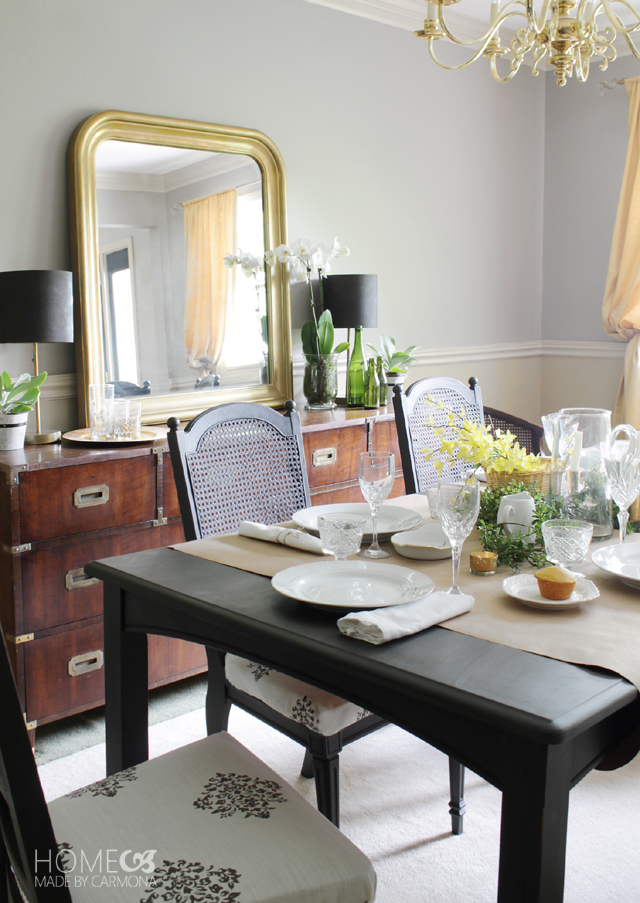 mismatched dining table and buffet